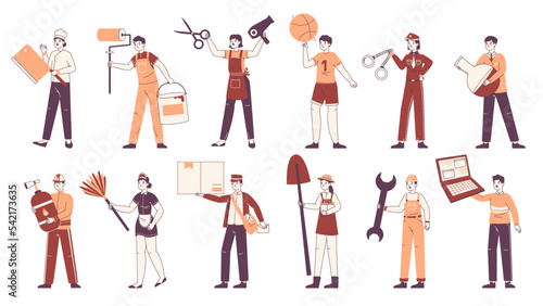 People occupations, IT, medical, construction and sport professions. Various workers, chef, policeman, fireman and IT engineer flat vector illustration set. Employees wearing professional uniform