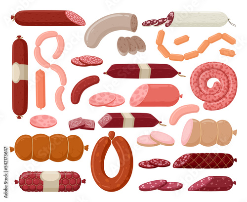 Cartoon sausages, butcher shop meat products. Fresh meat semi-finished sausages and frankfurters flat vector illustration set. Delish meat food collection