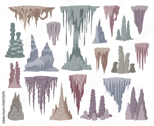 Stalagmite and stalactite limestone stones. Cartoon growth stalagmite formations, underground stalactite icicles flat vector illustration collection. Natural cave rocks set photo