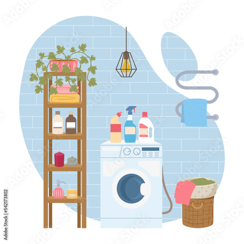 Bathroom interior, cartoon washroom. Modern bathroom interior, cosy bathroom decorated with plants flat illustration. Flat scandinavian bathroom scene photo