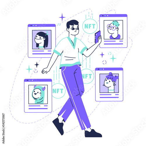 Digital crypto art, non-fungible token arts selling. Flat non fungible tokens crypto masterpiece, cryptocurrency arts buying and selling vector illustration. Exclusive NTF arts