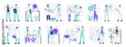 Lab scientists, flat medical, chemistry development. Biotechnology lab workers, laboratory researching work symbols illustration collection. Chemical scientific experiment scenes set