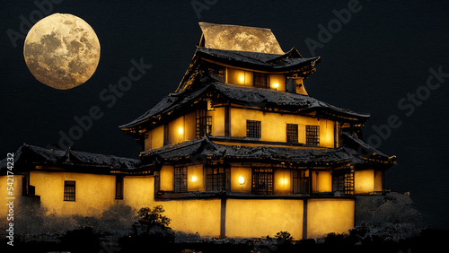 Fantasy scene of the castle in the darkest moonlights. Digital illustration, artwork. © Illustration