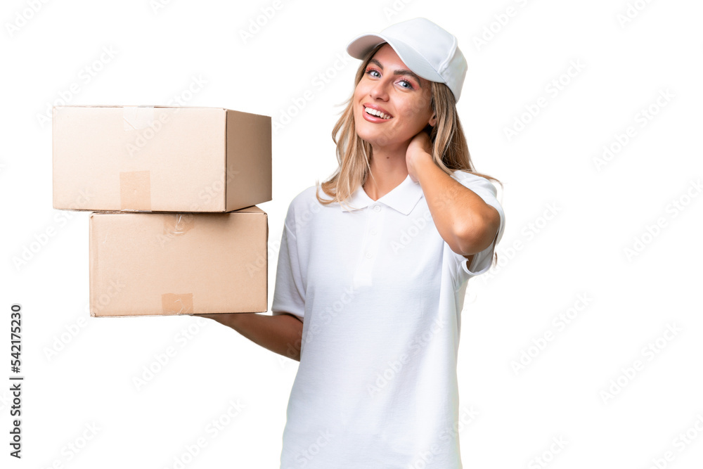 Delivery Uruguayan woman over isolated background laughing Delivery Uruguayan woman over isolated background laughing