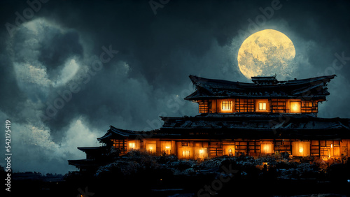 scene of the castle in the moonlight. Digital artwork.