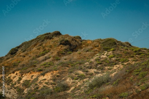 Peak of a hill covered with rocks and grass on a clear day in Herzliya, Israel