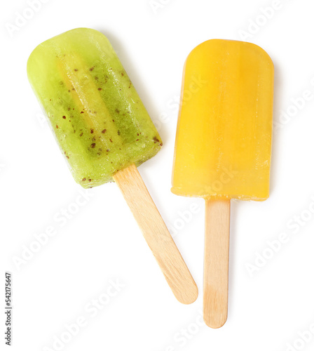 Delicious ice pops on white background, top view. Fruit popsicle