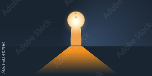 Hope, Curiosity or New Solution, Idea Concept - Key Hole Shaped Exit, Way Out on Dark Blue Wall with Glowing Light of a Bulb Coming Through from the Other Side - Template for Business, Vector Design