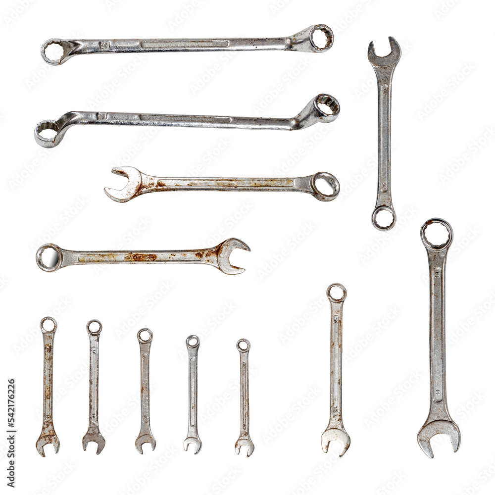 Old wrenches and ratchet  isolated on transparent background.