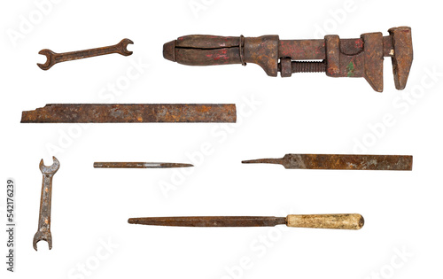 Foto Collection of used tools isolated on transparent background