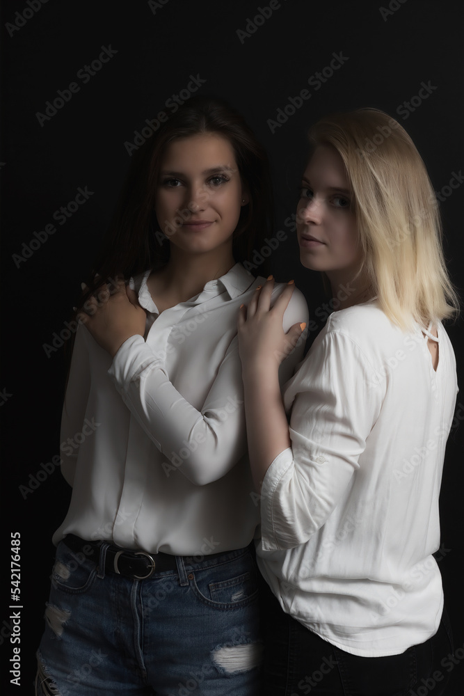 Portrait of two beautiful young women posing in studio. Vertically. Portrait of two beautiful young women posing in studio. Vertically.
