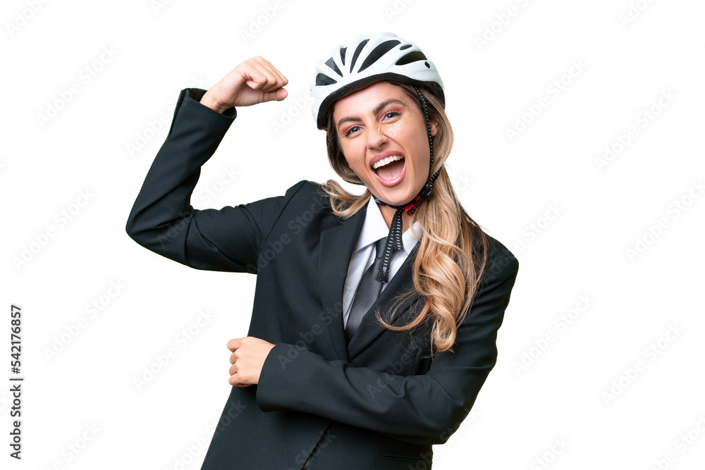 Business Uruguayan woman wearing a helmet biker over isolated background doing strong gesture Business Uruguayan woman wearing a helmet biker over isolated background doing strong gesture