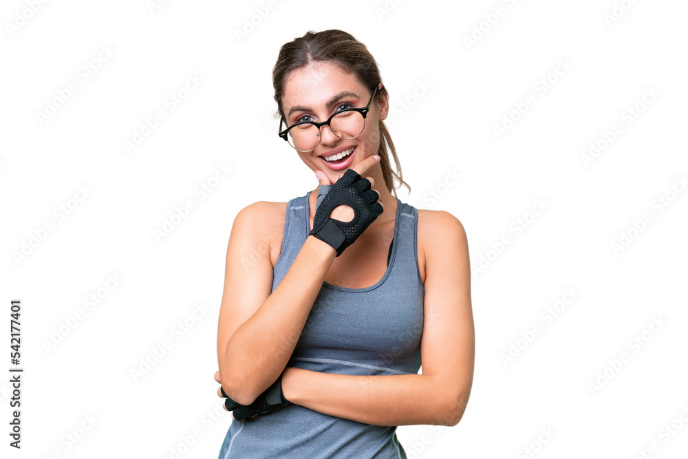 pretty Sport Uruguayan woman over isolated background with glasses and smiling pretty Sport Uruguayan woman over isolated background with glasses and smiling