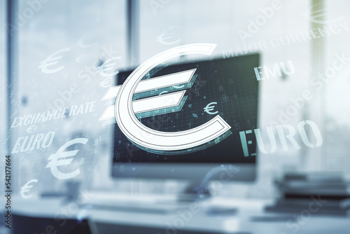 Creative EURO USD symbols illustration on modern computer background, forex and currency concept. Multiexposure