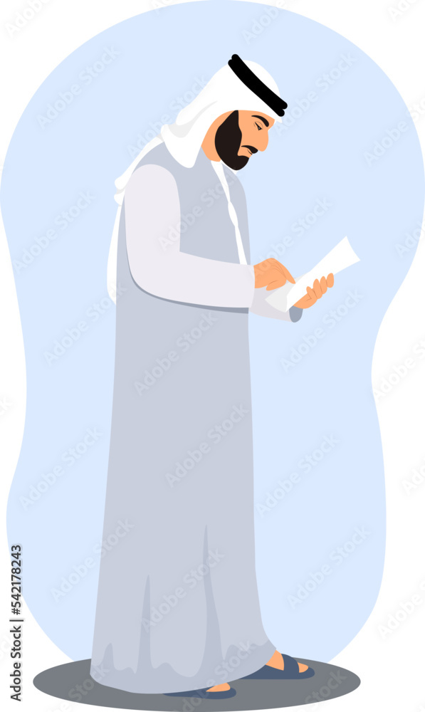 Fototapeta premium Emirati business man in traditional dress kandura and Dishdasha, holding documents or contract from Dubai, United Arab Emirates or Saudi Arabia