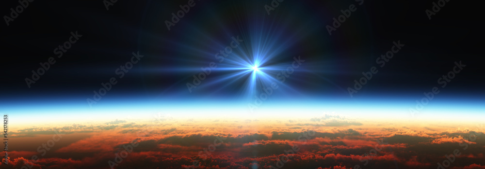 Earth sunrise from space over cloudy ocean. 3d rendering Earth sunrise from space over cloudy ocean. 3d rendering