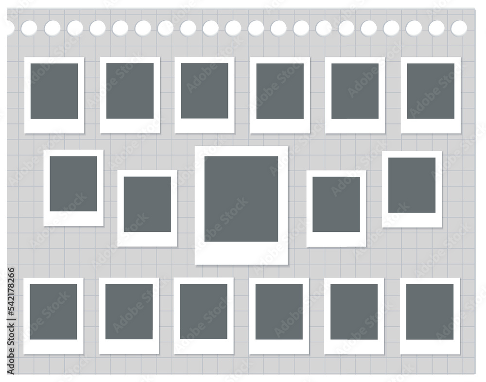 Set of black photo frames on sheet of notebook paper in a cage with round holes. Vector realistic mockup. 17 photo cards with white border. Blank Template for collages and design. EPS10. Set of black photo frames on sheet of notebook paper in a cage with round holes. Vector realistic mockup. 17 photo cards with white border. Blank Template for collages and design. EPS10.