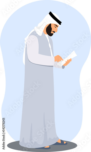 Emirati business man in traditional dress kandura and Dishdasha, holding documents or contract from Dubai, United Arab Emirates or Saudi Arabia