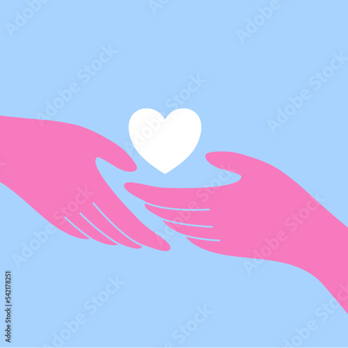 Loving hands with white heart in flat vector illustration.