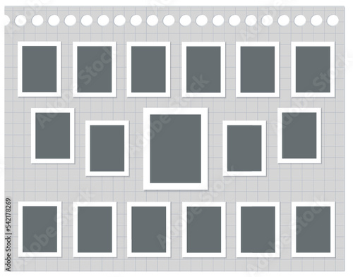 Set of black photo frames on sheet of notebook paper in a cage with round holes. Vector realistic mockup. 17 photo cards with white border. Blank Template for collages and design. EPS10.