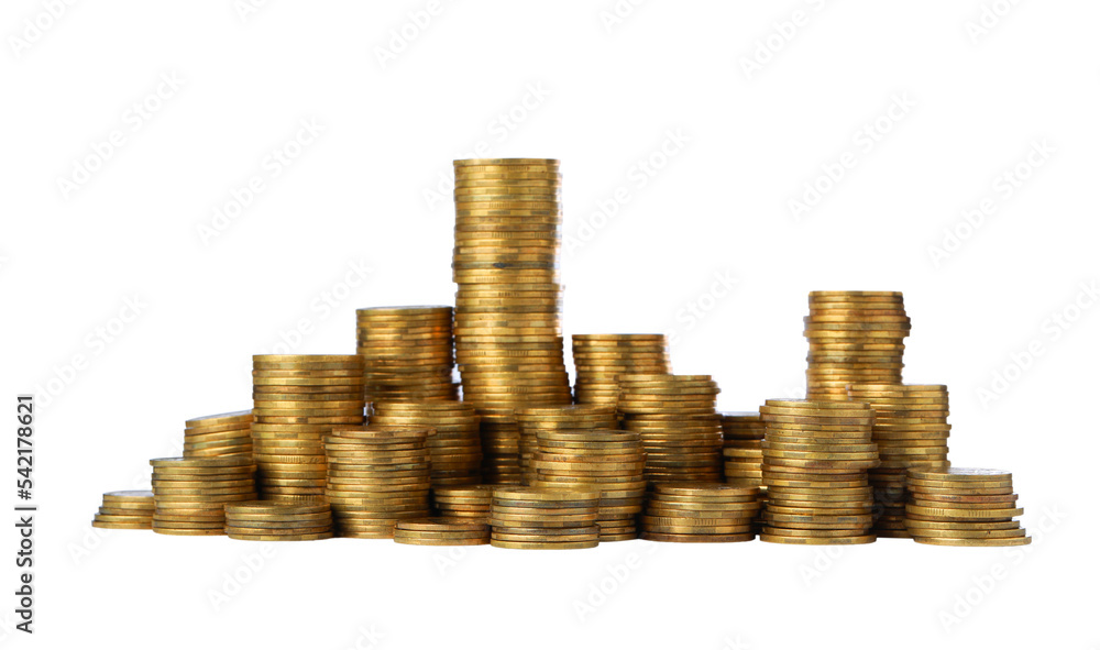Many golden coins stacked on white background Many golden coins stacked on white background
