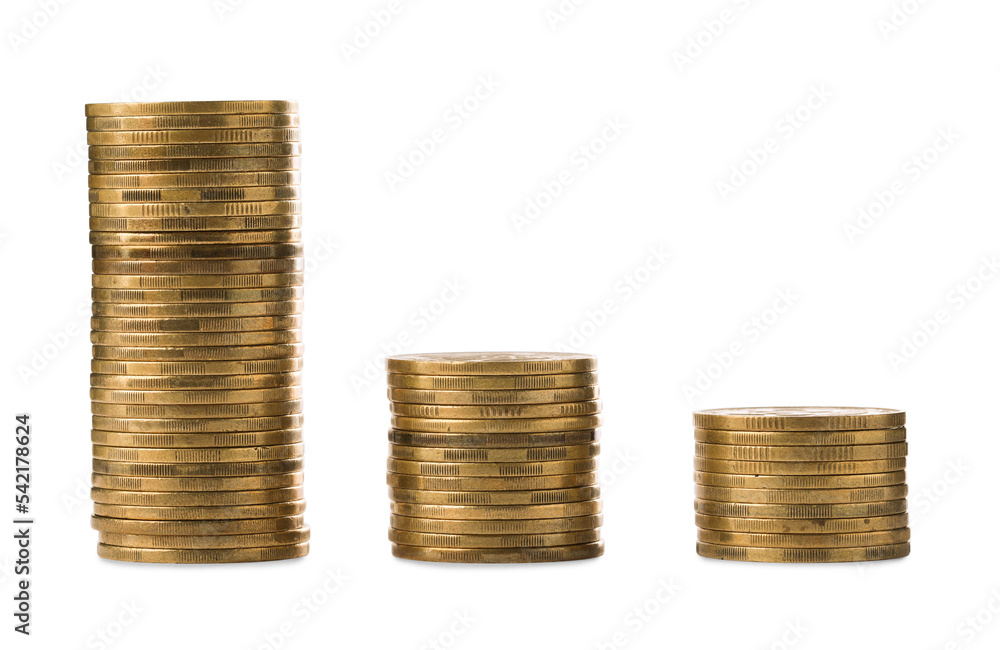 Many golden coins stacked on white background Many golden coins stacked on white background