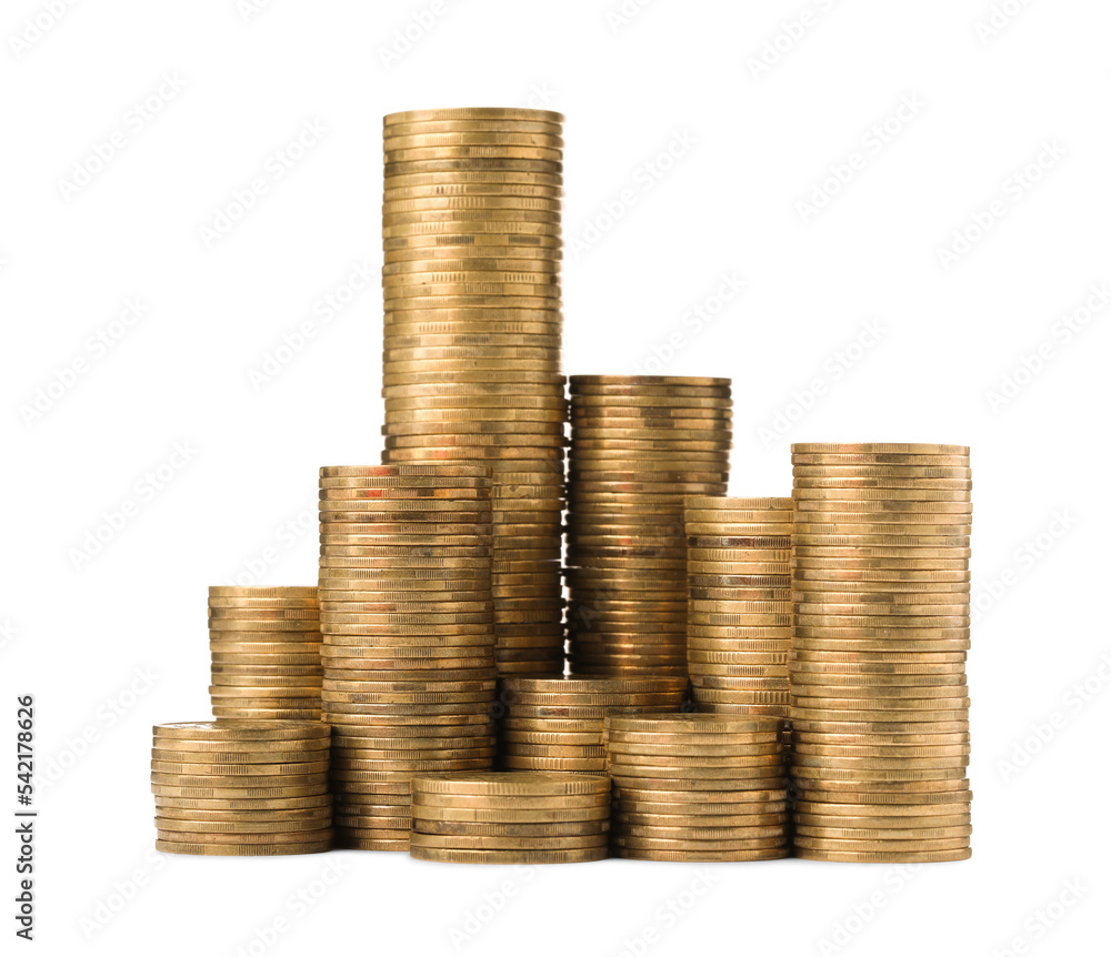 Many golden coins stacked on white background Many golden coins stacked on white background