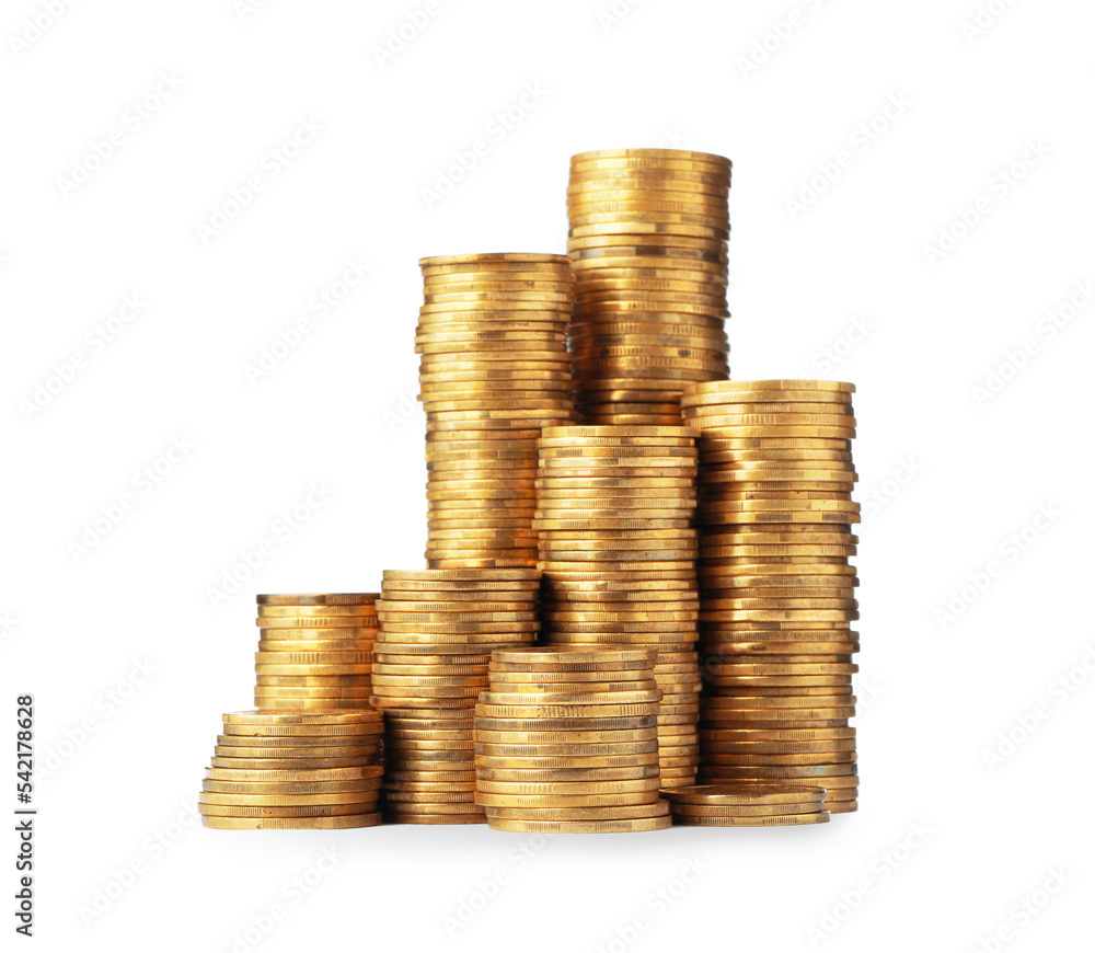 Many golden coins stacked on white background Many golden coins stacked on white background