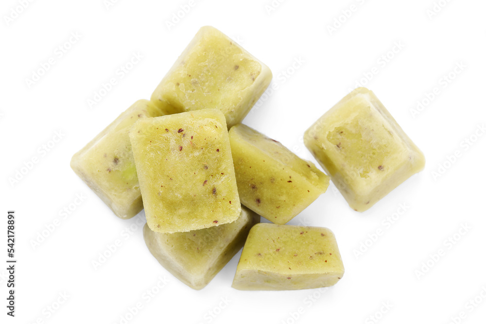 Frozen fruit puree cubes on white background, top view