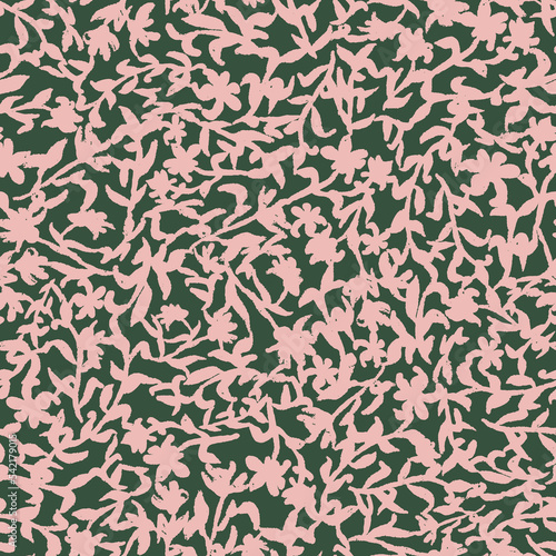 Abstract botanical all over surface print on dark green background. Random placed, hand drawn, vector branches, leaves and florals seamless repeat pattern.