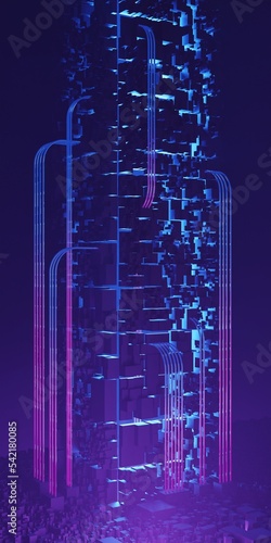 3D rendering Cube abstract technology background with colored bright lighting under the cube. Vertical futuristic wallpaper.