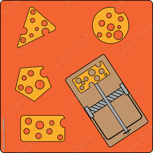 Mousetrap. Cheese lure. Animal trap flat design, vector
