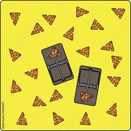 Mousetrap. Cheese lure. Animal trap flat design, vector