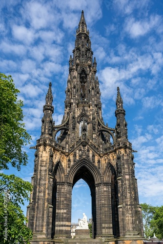 Beautiful view of the Scott Monument, Edinburgh, Scotland, vertical, low angle