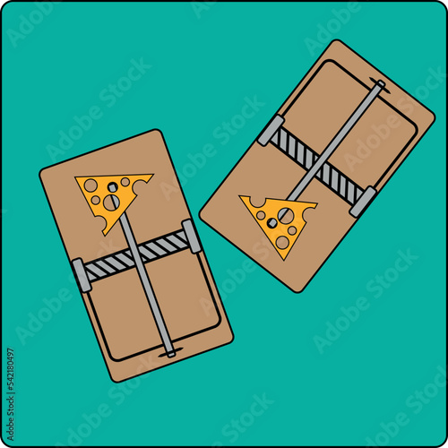 Mousetrap. Cheese lure. Animal trap flat design, vector