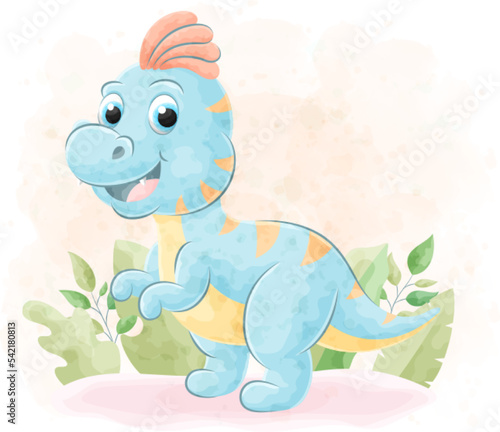 Cute doodle Dinosaur with watercolor illustration