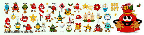 Big set of comic characters in retro cartoon style. Cute comic gloved hands characters in cartoon 1930s style. Doodle Comic characters for holiday of the new year and christmas.