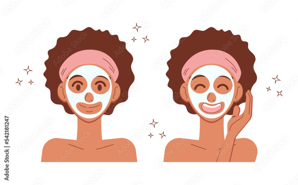 Young woman applying clay face mask. African american girl skincare spa facial treatment concept. Portrait set in flat style. Vector illustration isolated. Young woman applying clay face mask. African american girl skincare spa facial treatment concept. Portrait set in flat style. Vector illustration isolated.