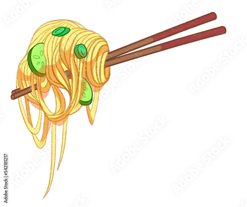 noodles with cucumbers and onions on sticks