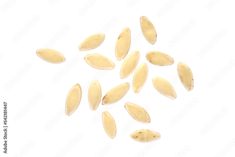 Pile cucumber seeds isolated on white background, close-up, top view. Heap of cucumber seeds isolated on white background, top view. Pile dry cucumber seeds for sowing in the garden, top view. Pile cucumber seeds isolated on white background, close-up, top view. Heap of cucumber seeds isolated on white background, top view. Pile dry cucumber seeds for sowing in the garden, top view.