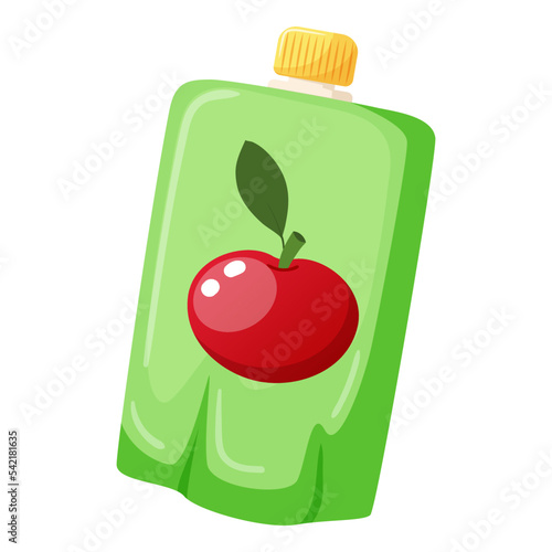 Apple juice green pack. Fruit puree in pastic bag with red apple pattern. Healthy snack in packaging. Fresh and full vitamins Baby mash food in plastic tube for personal hygiene. Vector illustration