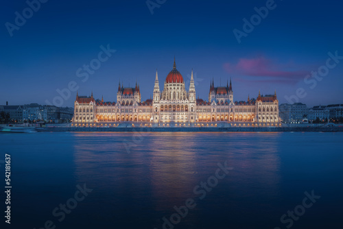 Hungarian Parliament and Danube River at night - Budapest, Hungary