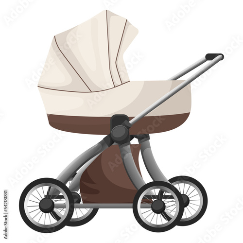 Baby stroller isolated on white background. Pram for newborn. Carriage for little child. Kids pushchair for walking with mother. Luxury brown perambulator infant care transport. Vector illustration