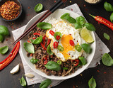 Stir Fried Pad Kra Pao with rice and egg in white plate