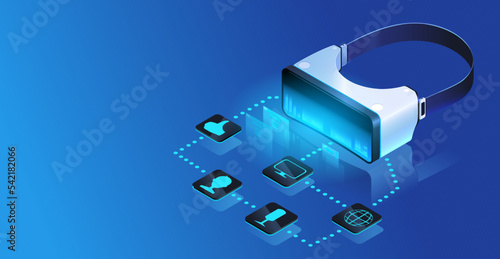 VR glasses connection to network. 3D isometric view headset device with blue grid background. Virtual reality digital technology banner, web design. Business information concept . Vector illustration