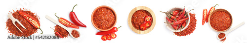 Photo Collection of red chili flakes on white background, top view