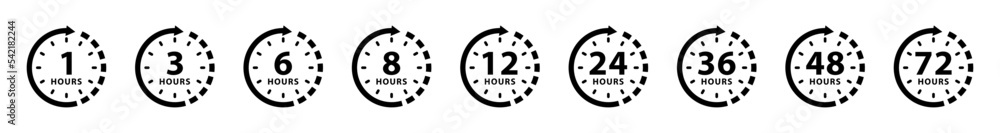 1, 3, 6, 8, 12, 24, 36, 48, 72 hours time arrow. Work time symbol isolated on white background. Delivery and service time icon. 1, 3, 6, 8, 12, 24, 36, 48, 72 hours time arrow. Work time symbol isolated on white background. Delivery and service time icon.