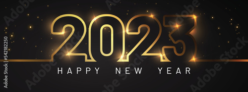 Happy New Year of glitter gold fireworks. Vector golden glittering text and 2023 numbers with sparkle shine for holiday greeting card.