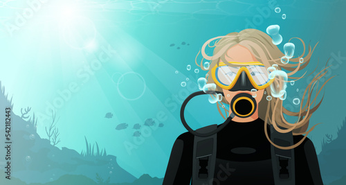 Diver woman face in scuba mask and regulator with oxygen bubbles. Blonde sporty girl front view diving in wetsuit under water on ocean, sea bottom. Travel activity, marine hobby. Vector illustration