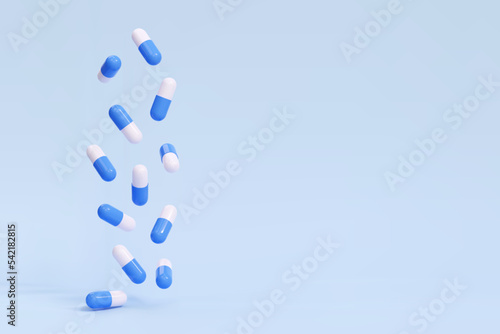 3D falling pills capsules on a blue background. Antibiotic, vitamin drugs. Vector illustration